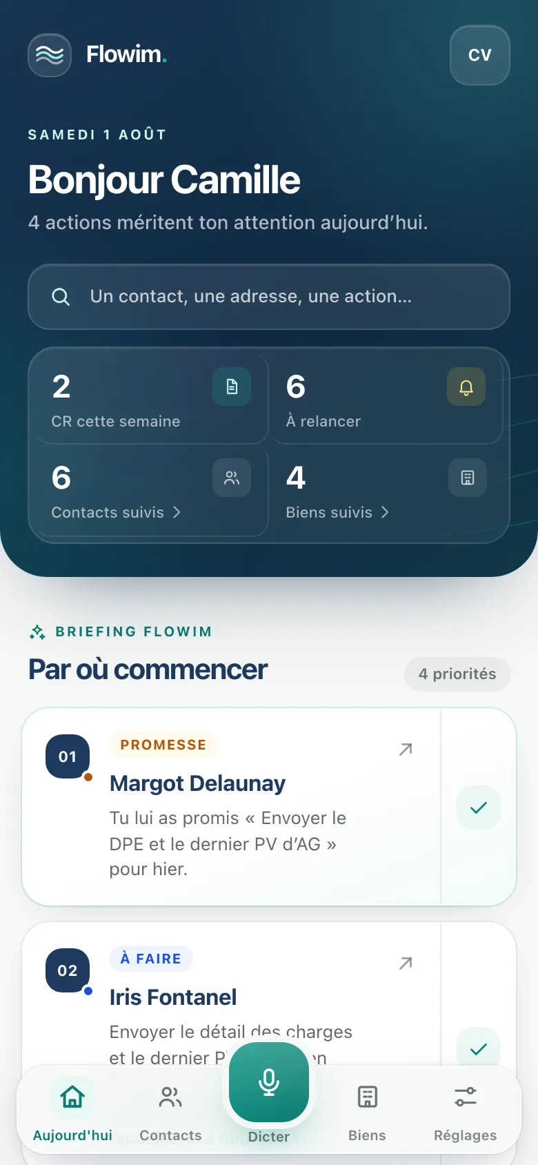 L’accueil de Flowim : comptes-rendus de la semaine, relances à faire, contacts et biens suivis