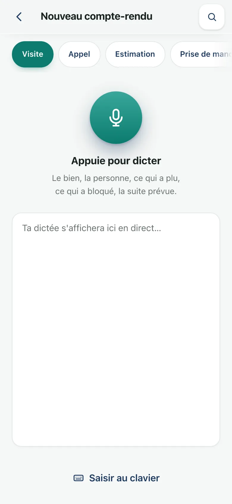 L’écran de dictée de Flowim : « Appuie pour dicter — le bien, la personne, ce qui a plu, ce qui a bloqué, la suite prévue »