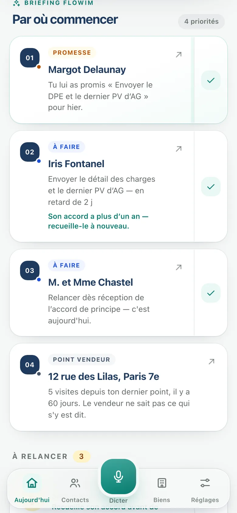 Le briefing du matin dans Flowim : quatre priorités numérotées — une promesse à tenir, deux relances, un point vendeur