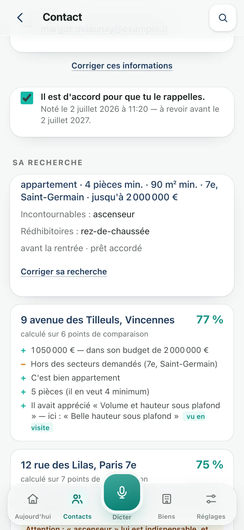 Le rapprochement expliqué dans Flowim : un bien proposé à 77 % de correspondance, calculé sur 6 points de comparaison, chaque raison affichée
